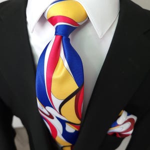 Red yellow Blue Novelty Silk Tie Pocket Square Cufflink Set