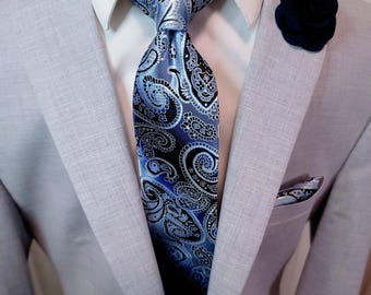 Blue Paisley Silk Tie Pocket Square Cufflink Set