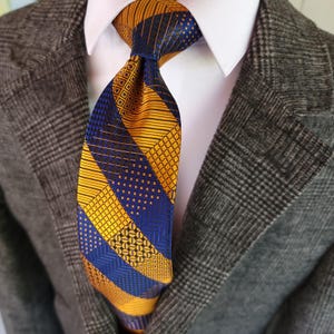 Gold Blue Striped Silk Tie Pocket Square Cufflink Set