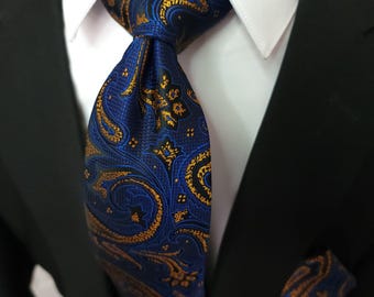 Navy Blue Gold Paisley Silk Tie Pocket Square Cufflinks Set