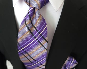 Purple Plaid Silk Tie Pocket Square Cufflink Set