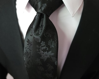 Black Floral Solid Silk Tie Pocket Square Cufflink Set
