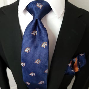 Navy Blue Horse Silk Tie Pocket Square Cufflink Set