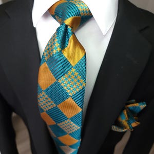 Teal Green Plaid Silk Tie Pocket Square Cufflink Set
