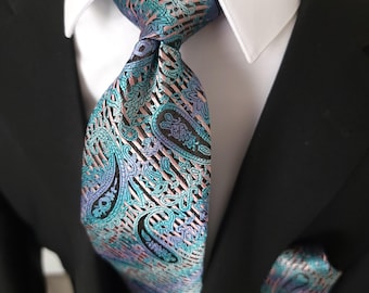 Blue Purple Paisley Silk Tie Pocket Square Cufflink Set