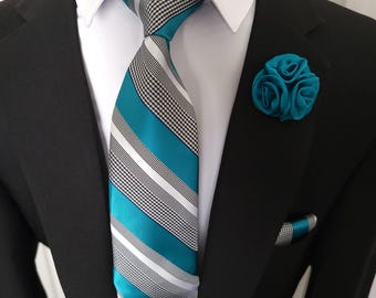 Teal Blue White Striped Tie Pocket Square Cufflinks Set