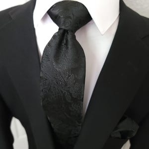 Extra Long Black Flower Tie Pocket Square Cufflink Set
