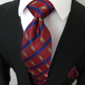 Red Blue Plaid Silk Tie Pocket Square Cufflink Set