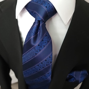 Navy Blue Striped Silk Tie Pocket Square Cufflink Set