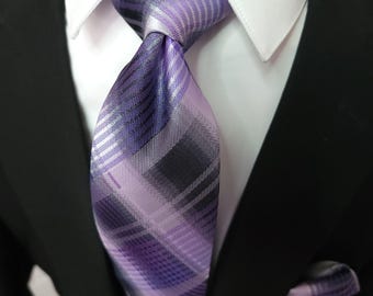 Purple Plaid Silk Tie Pocket Square Cufflink Set