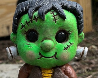 OOAK Frankenstein Figure, Spooky Cute Monster Sculpture for Halloween Decor, Original Art Gift, Fantasy Shelf Sitter for Fall Decoration