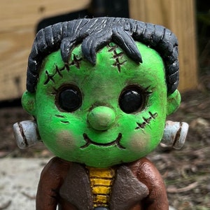 OOAK Frankenstein Figure, Spooky Cute Monster Sculpture for Halloween Decor, Original Art Gift, Fantasy Shelf Sitter for Fall Decoration