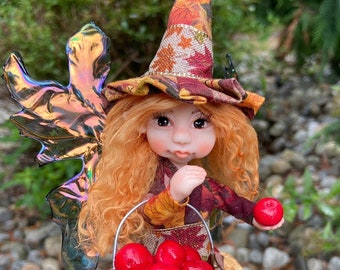 OOAK Witch Fairy Doll Apple Picking, Cute Fall Decor, Handmade Fairies, Unique Figurines for Autumn Decorations, Faerie Art Dolls