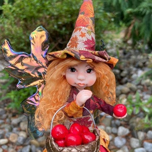 OOAK Witch Fairy Doll Apple Picking, Cute Fall Decor, Handmade Fairies, Unique Figurines for Autumn Decorations, Faerie Art Dolls image 1