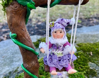 Magic Fairies for Fairy Core Decor, Enchanted Fairy Garden Swing with Woodland Pixie, Custom OOAK Sculpture