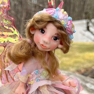 Mushroom Fairy Sculpture, Spring Fairies Art Dolls, Polymer Clay Faerie Doll, Woodland Pixie Indoor Garden Figurines, Fantasy Fae Decor