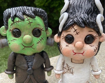 Cute Halloween Frankenstein Figurines, Monster Art Decor, Unique Bride of Sculpture Miniatures