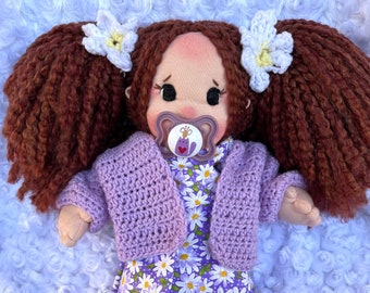 Fabric Baby Doll with Crochet Cardigan - Cloth Dolls Handmade - Unique Waldorf Inspired Creations