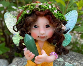 Magic Fairies, Fairy Sculpture with Aventurine Green Crystal, Figurines for Faerie Decor