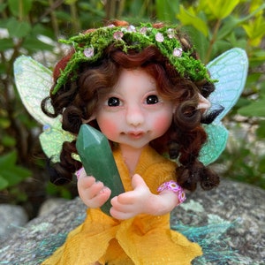 Magic Fairies, Fairy Sculpture with Aventurine Green Crystal, Figurines for Faerie Decor image 1