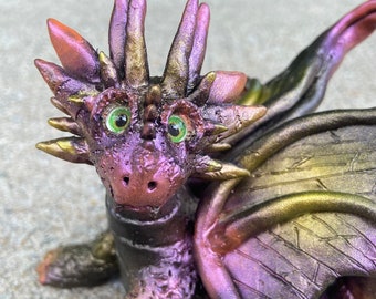 Polymer Clay Dragon Sculpture: Metallic Airbrushed Fantasy Figurine