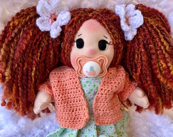 Waldorf Inspired Cloth Doll with Pacifier, Soft Sculpture Dolls with Custom Crochet Outfit, Plush Decor