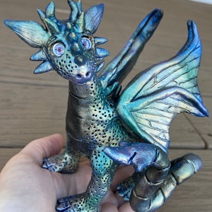 Polymer Clay Dragon Sculpture: Metallic Fantasy Art, OOAK Mystical Decor