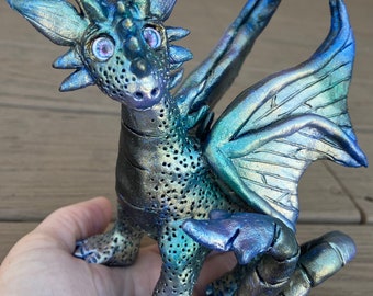 Polymer Clay Dragon Sculpture: Metallic Fantasy Art, OOAK Mystical Decor