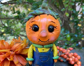 Fall Pumpkin Monster Art, Creepy Cute Figurine, Halloween Polymer Clay Sculpture, Unique Shelf Decor