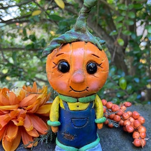 Fall Pumpkin Monster Art, Creepy Cute Figurine, Halloween Polymer Clay Sculpture, Unique Shelf Decor, Spooky Fantasy Figure, OOAK Decor