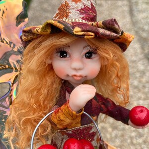 OOAK Witch Fairy Doll Apple Picking, Cute Fall Decor, Handmade Fairies, Unique Figurines for Autumn Decorations, Faerie Art Dolls image 8