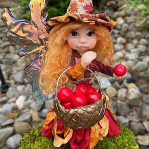 OOAK Witch Fairy Doll Apple Picking, Cute Fall Decor, Handmade Fairies, Unique Figurines for Autumn Decorations, Faerie Art Dolls image 6