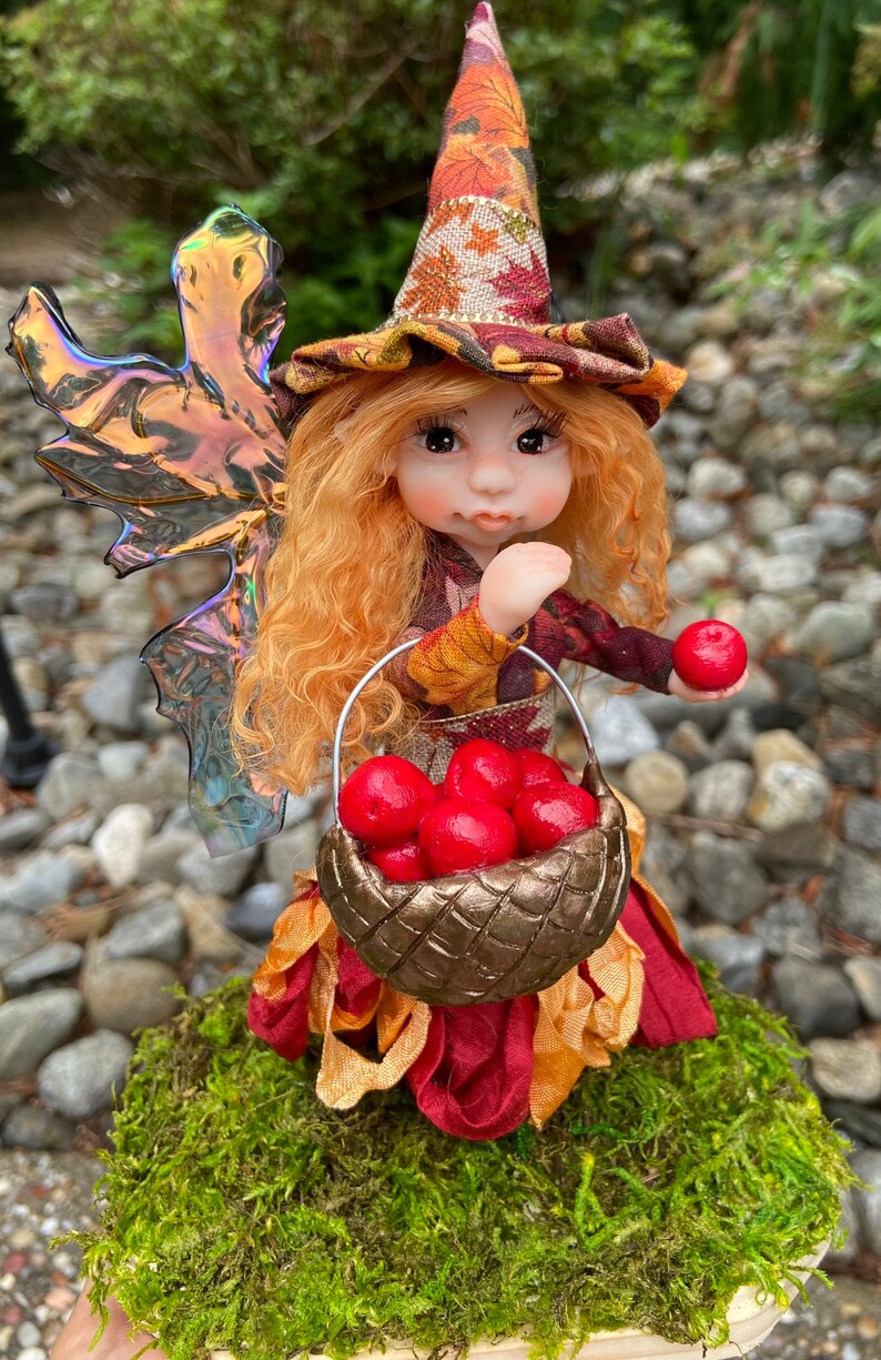 OOAK Witch Fairy Doll Apple Picking, Cute Fall Decor, Handmade Fairies, Unique Figurines for Autumn Decorations, Faerie Art Dolls image 6