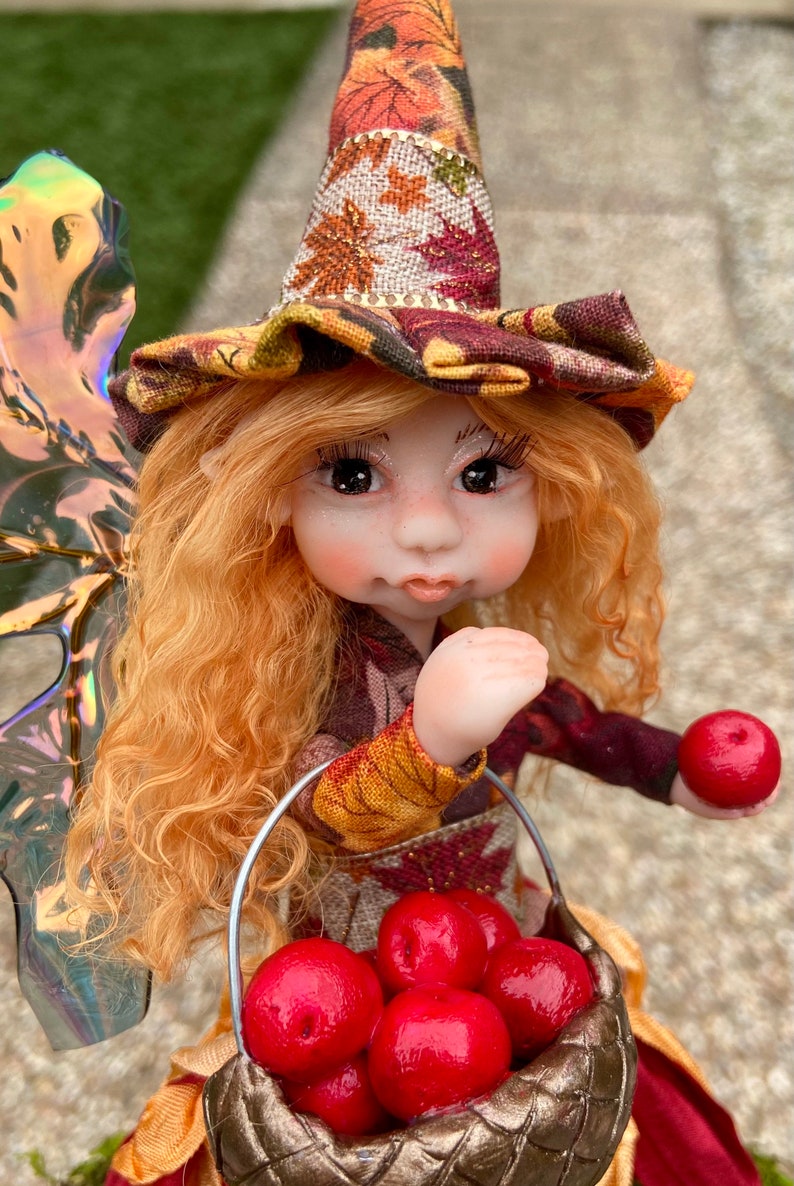 OOAK Witch Fairy Doll Apple Picking, Cute Fall Decor, Handmade Fairies, Unique Figurines for Autumn Decorations, Faerie Art Dolls image 9