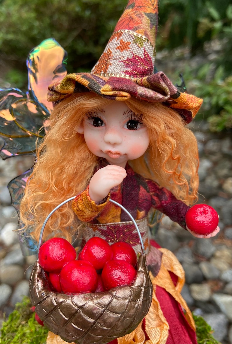 OOAK Witch Fairy Doll Apple Picking, Cute Fall Decor, Handmade Fairies, Unique Figurines for Autumn Decorations, Faerie Art Dolls image 7