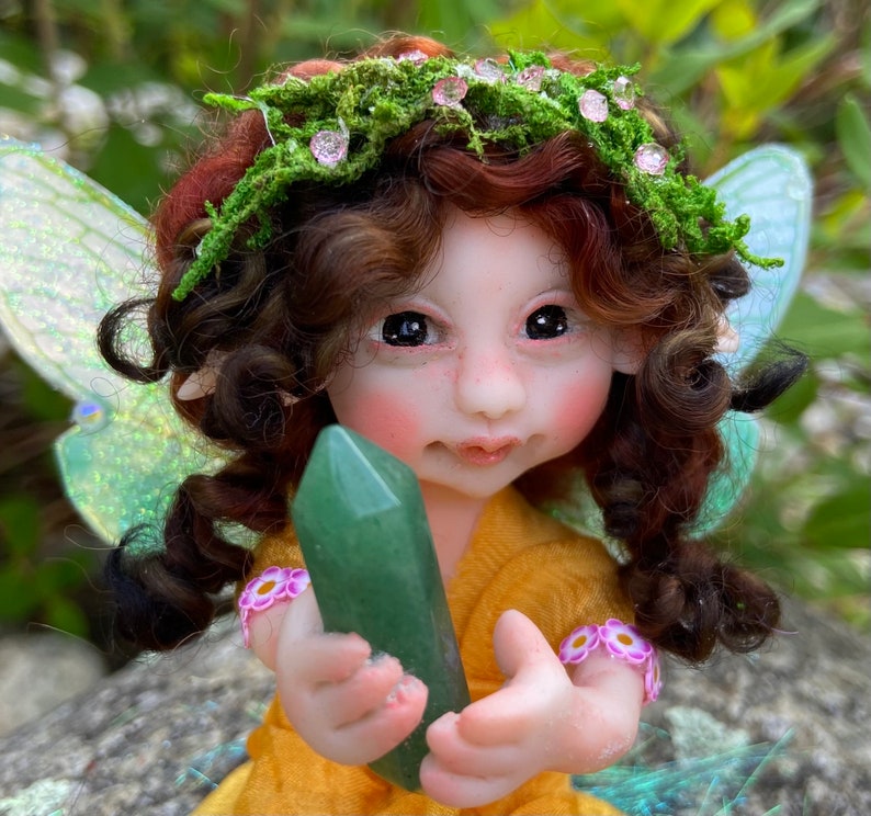 Magic Fairies, Fairy Sculpture with Aventurine Green Crystal, Figurines for Faerie Decor image 6