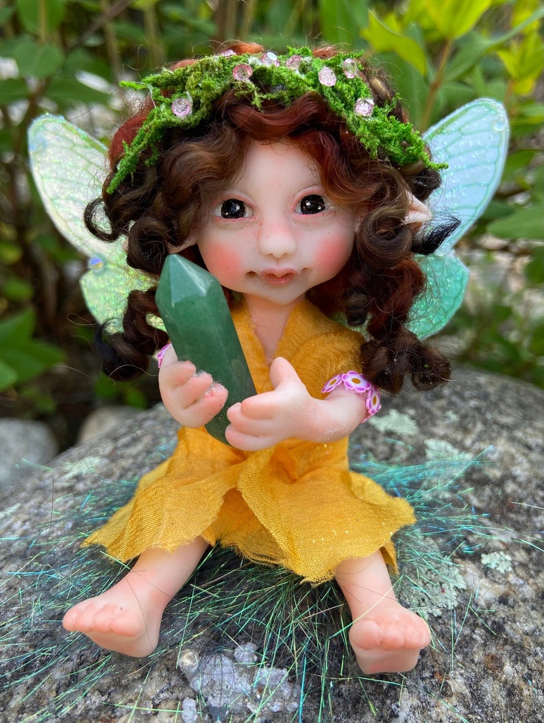 Magic Fairies, Fairy Sculpture with Aventurine Green Crystal, Figurines for Faerie Decor image 1