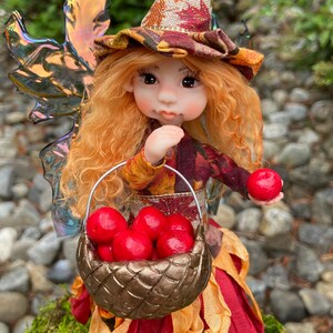 OOAK Witch Fairy Doll Apple Picking, Cute Fall Decor, Handmade Fairies, Unique Figurines for Autumn Decorations, Faerie Art Dolls image 2