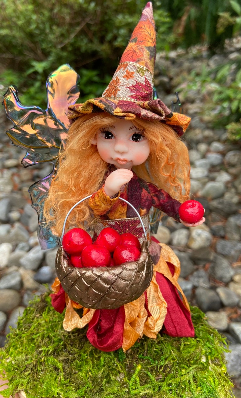 OOAK Witch Fairy Doll Apple Picking, Cute Fall Decor, Handmade Fairies, Unique Figurines for Autumn Decorations, Faerie Art Dolls image 2