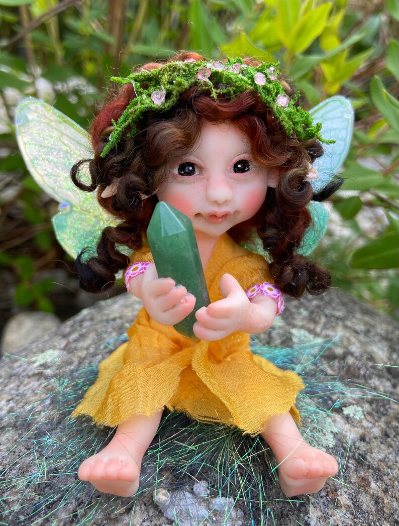 Magic Fairies, Fairy Sculpture with Aventurine Green Crystal, Figurines for Faerie Decor image 3