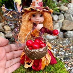 OOAK Witch Fairy Doll Apple Picking, Cute Fall Decor, Handmade Fairies, Unique Figurines for Autumn Decorations, Faerie Art Dolls image 10