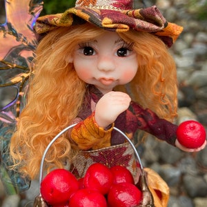 OOAK Witch Fairy Doll Apple Picking, Cute Fall Decor, Handmade Fairies, Unique Figurines for Autumn Decorations, Faerie Art Dolls image 3