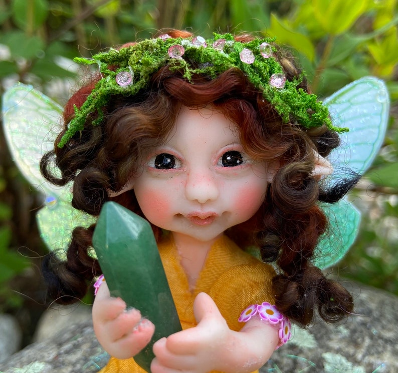 Magic Fairies, Fairy Sculpture with Aventurine Green Crystal, Figurines for Faerie Decor image 4