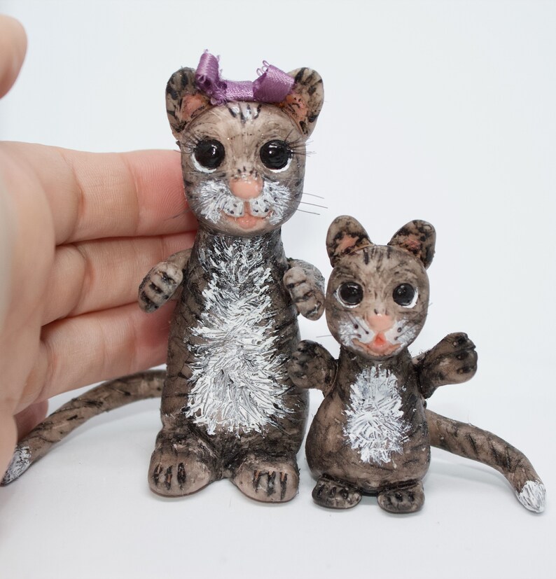 Ensemble, maman chat et bébé chaton en pâte polymère, décoration de gâteau, figurines d'animaux miniatures, figurines faites main pour maison de poupée image 9