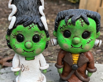 Spooky Cute Frankenstein Gift Set, Halloween Figurines, OOAK Monster Sculpture, Fantasy Original Art, Unique Fall Decor Shelf Sitter