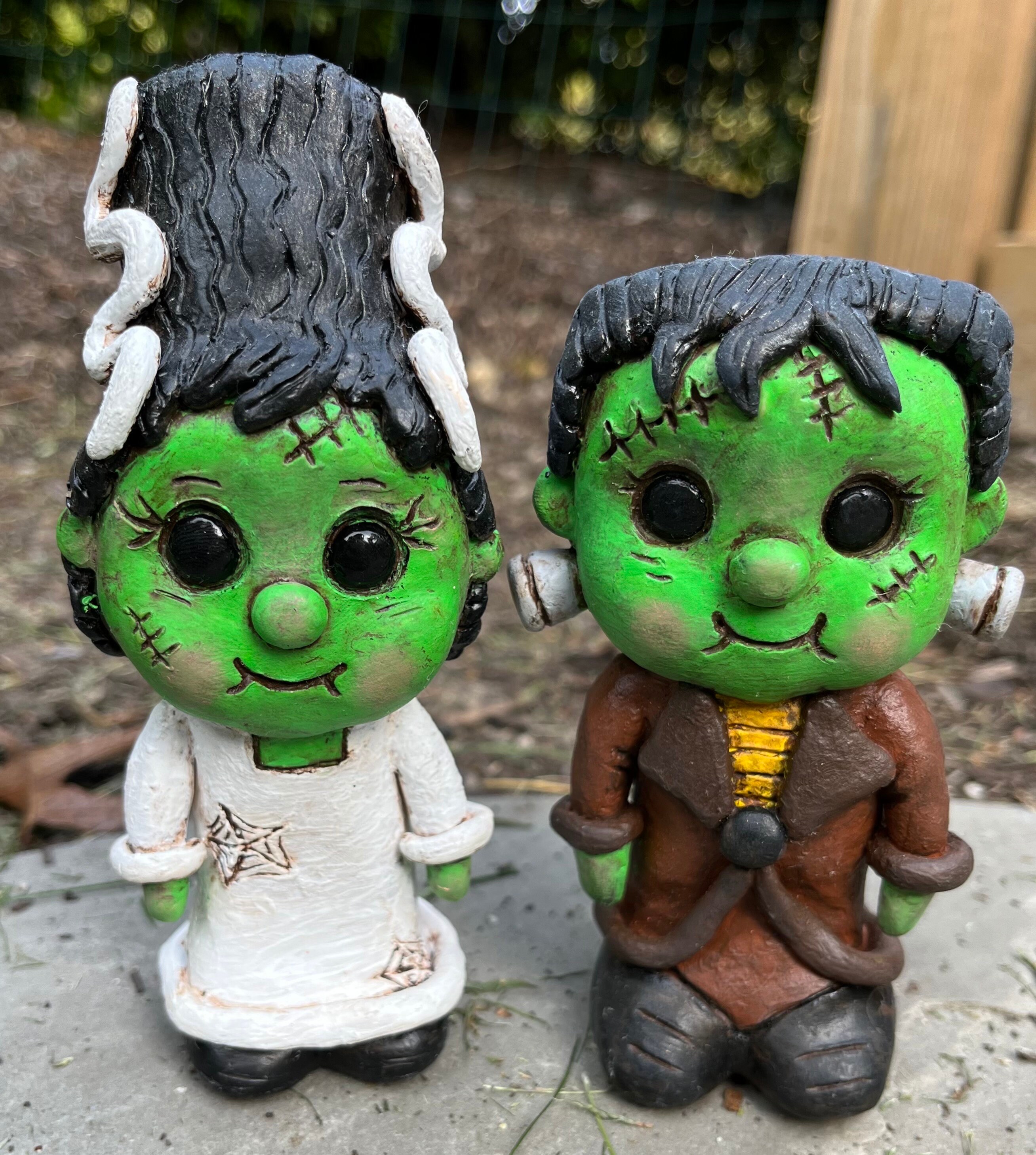 Spooky Cute Frankenstein Gift Set, Halloween Figurines, OOAK Monster Sculpture, Fantasy Original Art, Unique Fall Decor Shelf Sitter