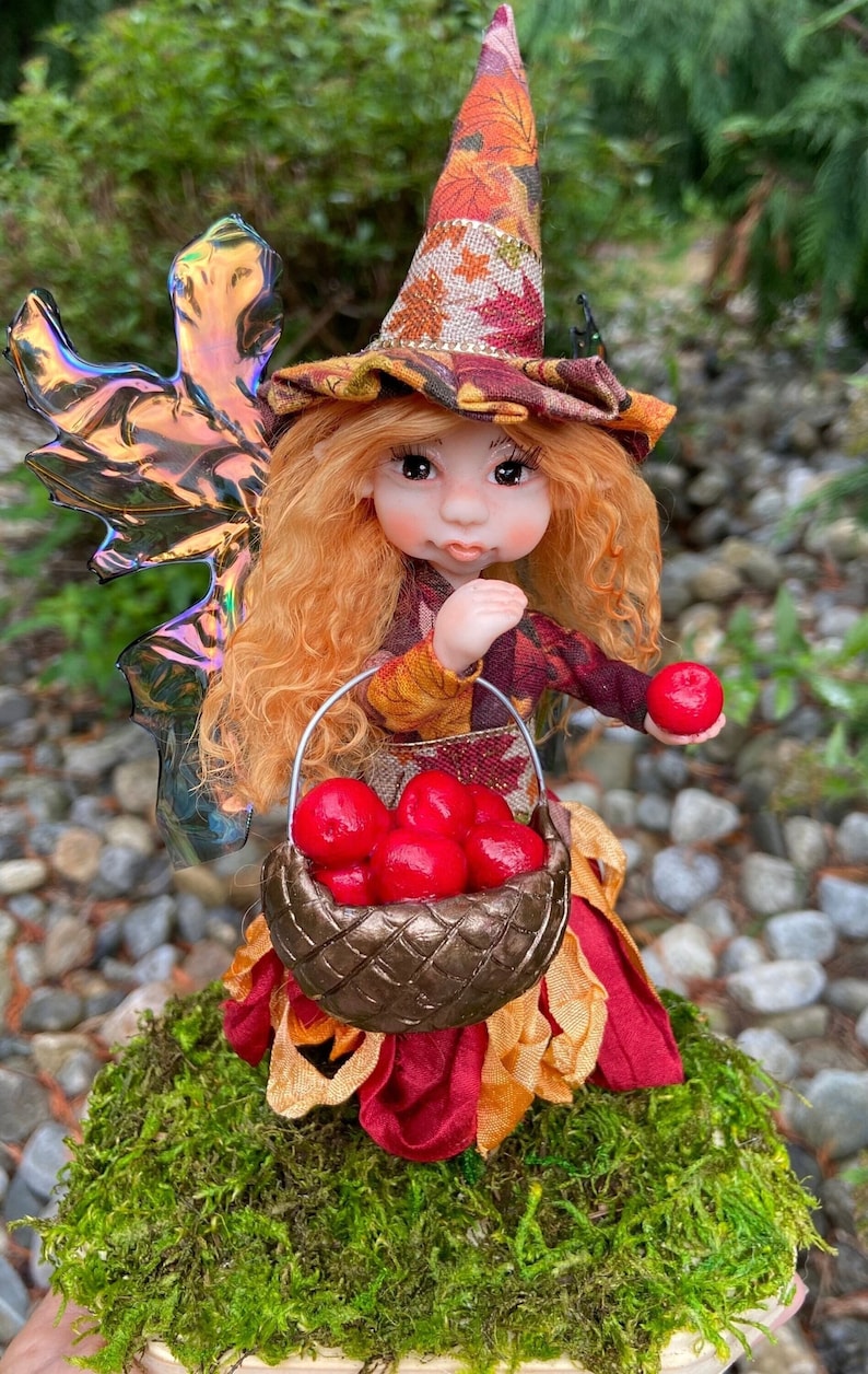 OOAK Witch Fairy Doll Apple Picking, Cute Fall Decor, Handmade Fairies, Unique Figurines for Autumn Decorations, Faerie Art Dolls image 1