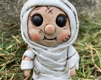 Halloween Mummy Clay Figure for Fall Decor, OOAK Monster Sculpture, Original Art Piece, Primitive Fall Figurine