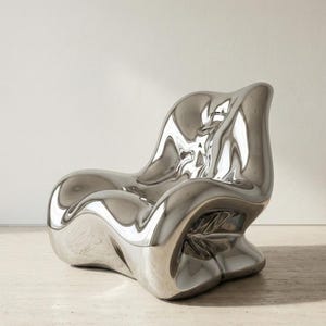 May include: A modern, sculptural chair with a polished, reflective silver finish. The chair has an organic, flowing form, with a low seat and a high back. The chair is made of a solid material and appears to be a statement piece of furniture.