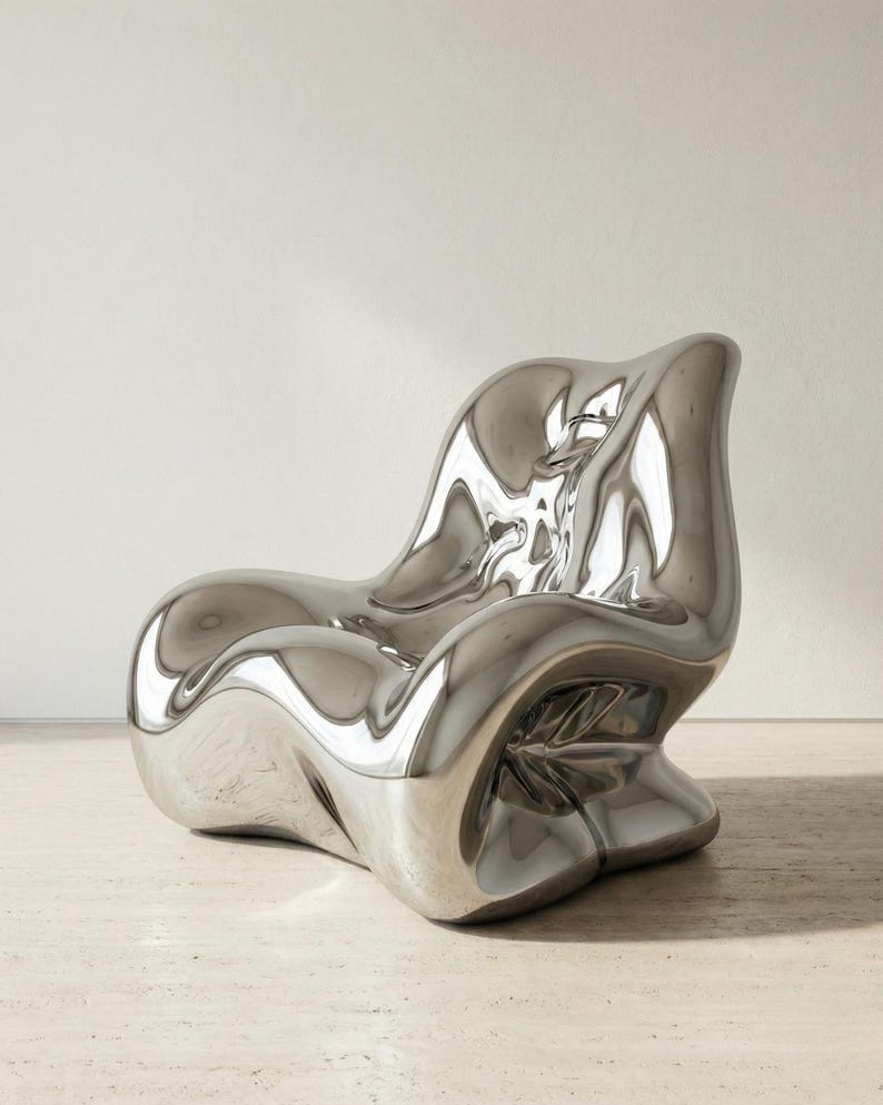 May include: A modern, sculptural chair with a polished, reflective silver finish. The chair has an organic, flowing form, with a low seat and a high back. The chair is made of a solid material and appears to be a statement piece of furniture.